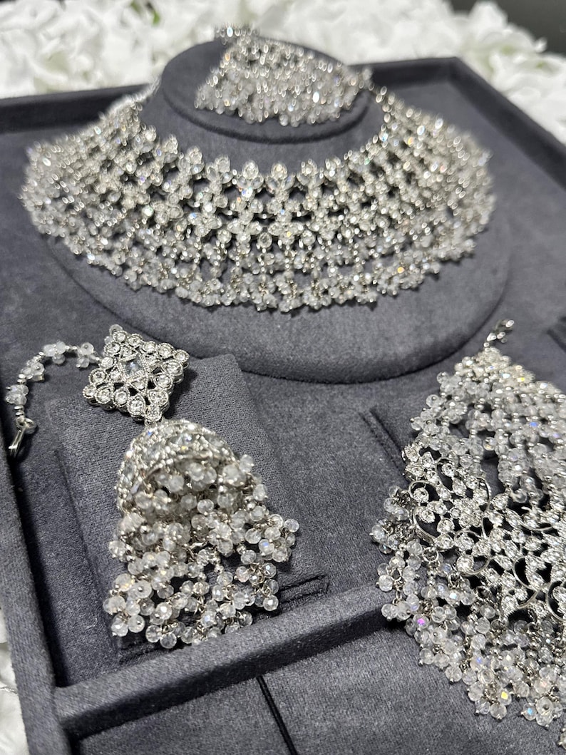 Conjunto de collar y pendientes de novia Kundan de oro naranja, plata y cuentas de cristal, estilo indio, pakistaní y asiático, para bodas, compromisos y ceremonias Mehndi. imagen 3