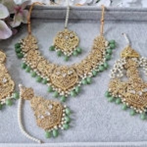 Sea Green Bead Pearl Kundan Bridal Double Necklace Set Earrings Tikka Indian Pakistani Asian Wedding Party Engagement Mehndi Jewellery UK image 2