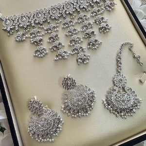 Antique Silver Choker Set: Pearl Strands, Earrings, Tikka - Indian Wedding Jewelry