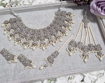Zarqa Antique Silver Plated Bridal Set Walima Wedding Pearls Indian Pakistani Asian Jewellery UK