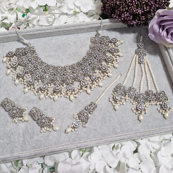 Zarqa Antique Silver Plated Bridal Set Walima Wedding Pearls