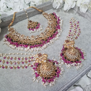 Nauratan Gold Pink Green White Bead Pearl Bridal Necklace Earrings Tikka Indian Pakistani Asian Wedding Jewellery Party Engagement Mehndi