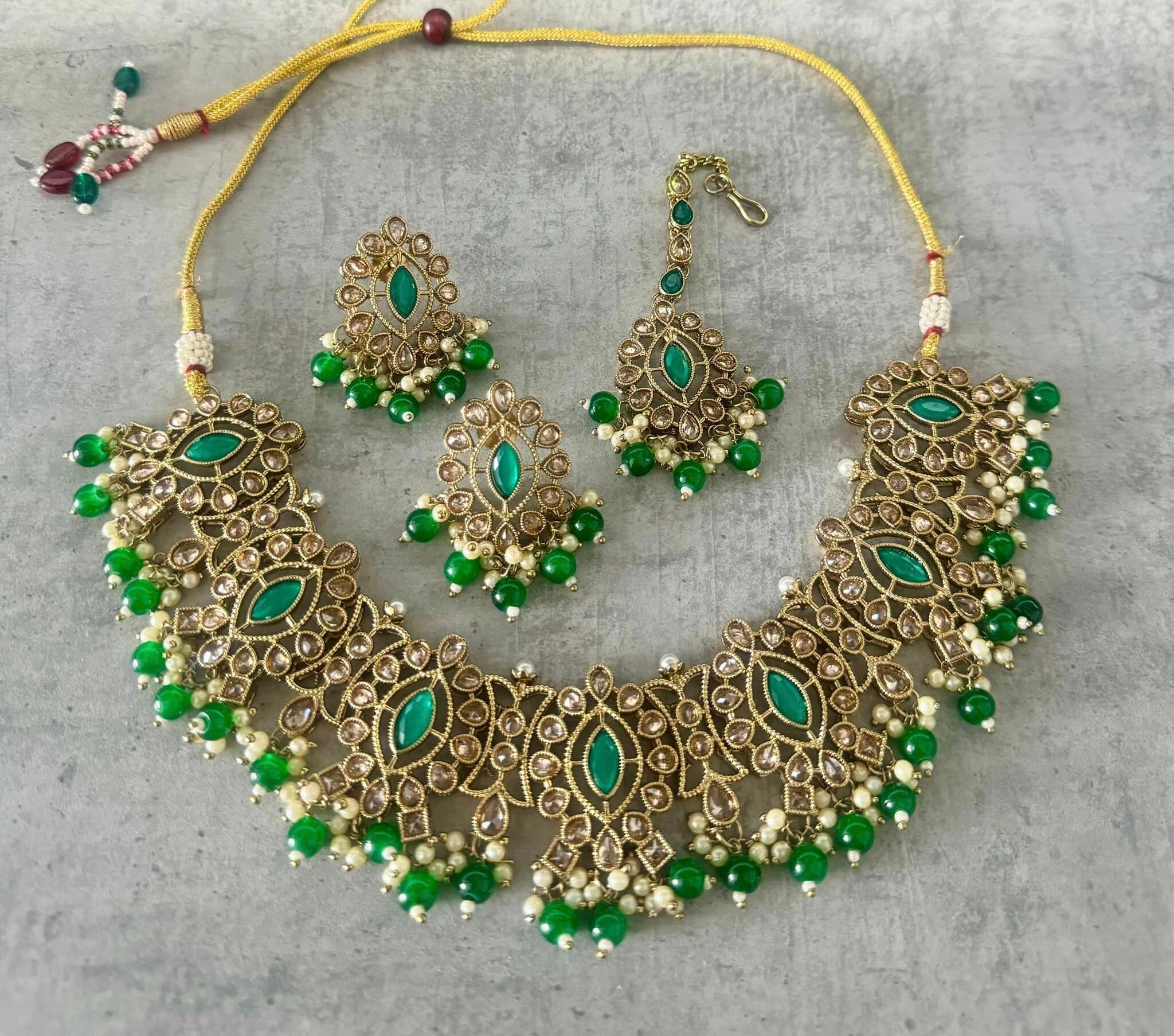 Green Gold Indian Pakistani Asian Jewellery Necklace Set Earrings