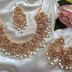 Champagne Gold Pearl Indian Pakistani Asian Jewellery Necklace Set Earrings Tikka Beads Weddings Parties Gifts Her Engagement Bridal Nikkah