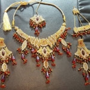 Orange Crystal Gold Bridal Party Necklace Set Earrings Tikka Indian Pakistani Asian Wedding Engagement Mehndi Jewellery