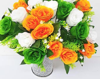 Rose Artificial Flowers 22 Head Bunch Bush Bouquet Orange Green White Colours perfect for Graveside Cemetary or Home Decor Indoor Outdoor UK