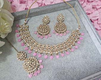 Pink Bead Pearl Polki Antique Gold Necklace Set Earrings Tikka Indian Pakistani Asian Wedding Party Engagement Mehndi Jewellery Gift for her