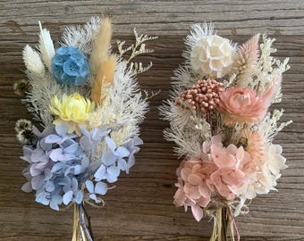Gender reveal flowers, baby shower decorations, dried posies, blue and pink posy