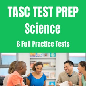 Op de afbeelding: Een boekomslag met de titel "TASC Test Prep Science" en de ondertitel "6 Full Practice Tests". De omslag toont een groep van vier mensen die aan een tafel zitten en studeren. Het boek is van Veronica Webb.