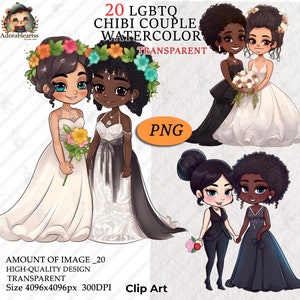 Mariage lesbien, clipart couple, clipart mariage LGBTQ, illustration de mode, interracial, fichier PNG numérique à téléchargement immédiat, vol2 AC82