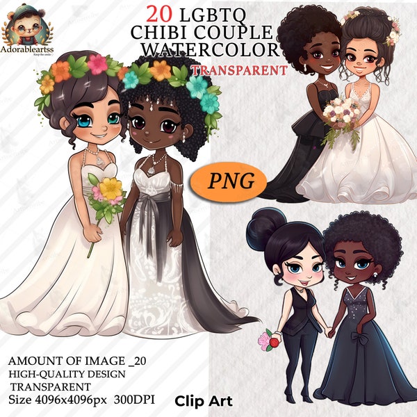 Lesbian wedding , Couple Clipart, LGBTQ marriage clipart, Fashion illustration, Interracial, Instant Download Digital PNG File,vol2 AC82