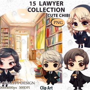 Paquete de imágenes prediseñadas de abogado chibi: Gráficos PNG de justicia (descarga digital)