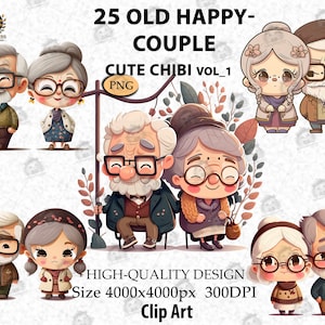 Vecchia coppia felice Chibi carino, San Valentino, Nonno e nonna romantici, Idee regalo, Clipart di coppia d'amore, PNG, File PNG digitale Vol 1, AC03