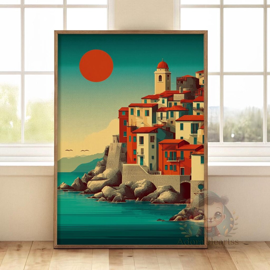 Mediterranean Coastal Village Poster | Retro Travel Illustration ...