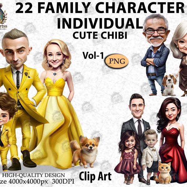 Lovely Family Chibi, Clipart Daughter, Son and Baby Mom Dad, Custom Family Portrait, personalized, Dog Best Friends, PNG _Vol 1 ,AC24-1