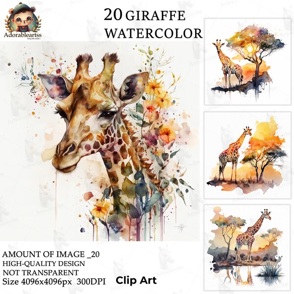 Giraffe Watercolor Clipart, Nursery Book Art, Paper Craft, 20 High Quality, Commercial Use, Card Making, Instant Digital JPG's Download_16AV