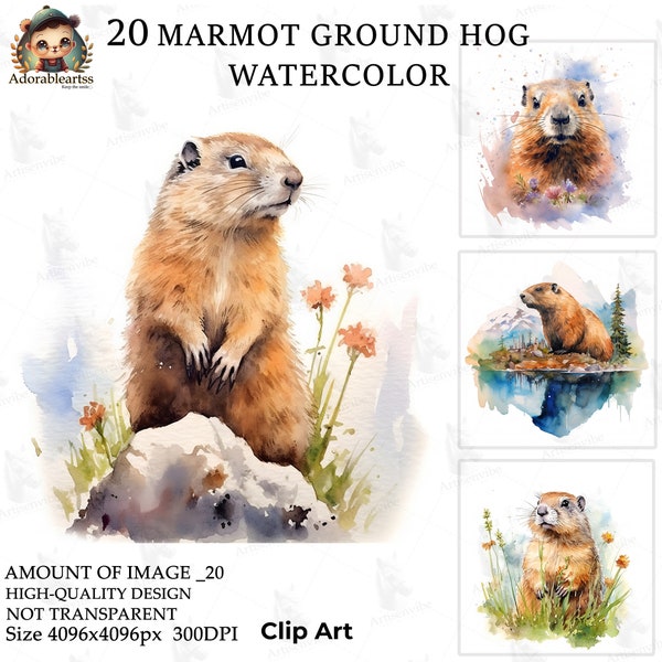 Groundhog Watercolor Marmot Clipart, Nursery Art, Marmot, 20 High Quality, Wildlife, Card Making, Instant Digital JPG's Download_169AV