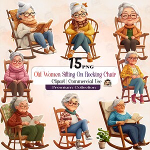 15 Reading Grandma Clipart PNG, Rocking Chair Old Women, Cozy Granny Illustration, Junk Journal, Digital Paper Craft, AN31