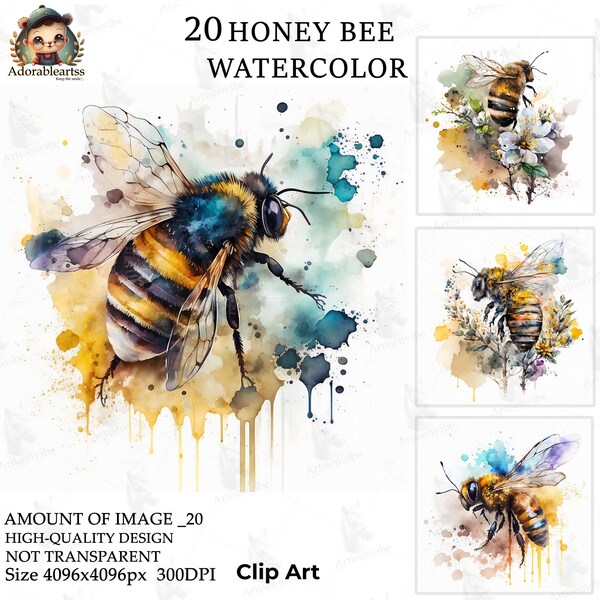 Honey Bee Watercolor Clipart, NurseryBook art, Paper Craft, 20 High Quality, Commercial Use, Card Making, Digital JPG's Download_90AV