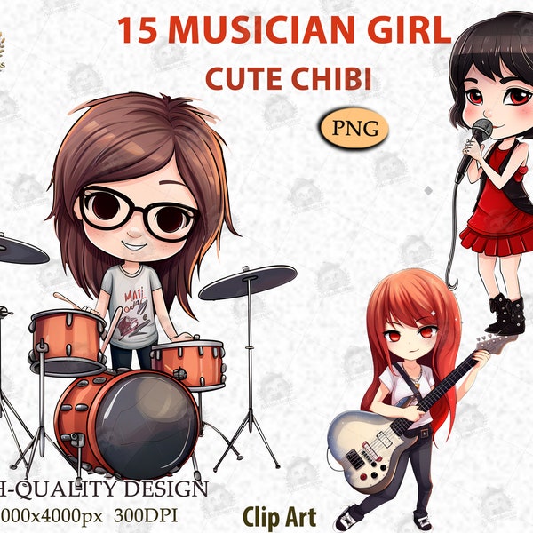 Cute Chibi Musician Clipart, Girl Musician Illustration, Drummer Girl, Kawaii Musician, Guitar Rockstar Music, INSTANT DOWNLOAD PNG _AC67