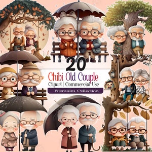 Nettes altes glückliches Paar niedliches Chibi, Valentinstag, romantischer Großvater und Oma, Liebes teilen paar Clipart, digitale PNG Datei Vol 3, AC33