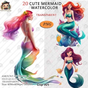 Mermaid Bundle PNG, Mermaid Clipart Watercolor, Cuteness Girl, Under The Sea Nursery Decorations,  Commercial Use _AC99