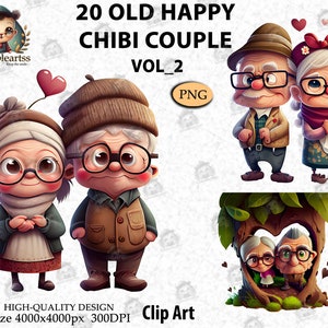 Nettes altes glückliches Paar chibi, Valentinstag, romantischer Opa und Oma, Geschenkideen, Liebespaar Clipart, digitale PNG Datei Vol 2, AC18