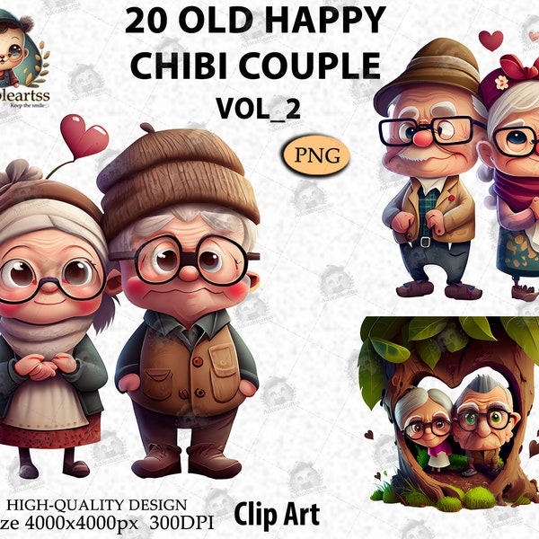 Cute Old Happy Couple chibi, Valentine's Day, Romantic Grandpa and Grandma, Gift Ideas, Love Couple Clipart,Digital PNG File Vol 2 ,AC18