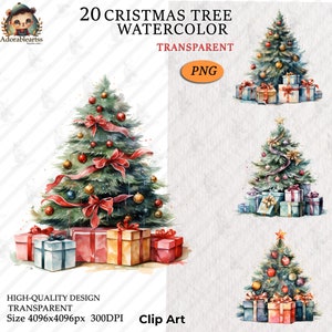 Albero di Natale PNG Clipart ad acquerello, Clipart albero, Natale accogliente, 20 alta qualità, Creazione di cartoline, Formato PNG trasparente Download_182AV
