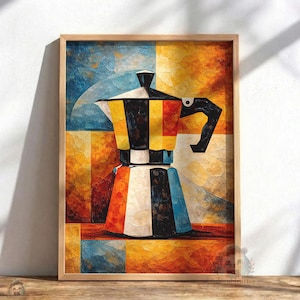Cubist moka pot illustration | Modern geometric kitchen art | colorful coffee theme | home decor | print