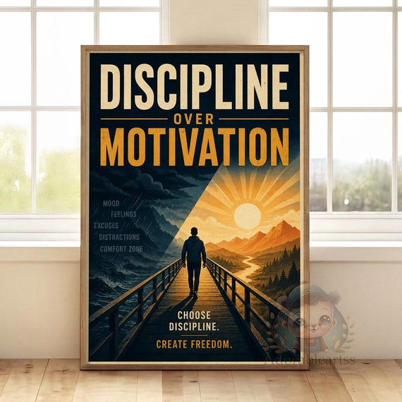 Discipline Over Motivation Poster | Vintage Typography | Success Mindset | Office Decor | Inspirational Wall Art