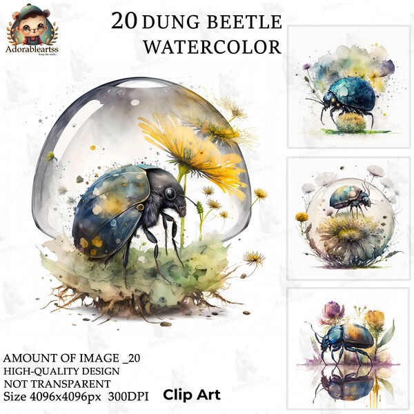 Dung Beetle Watercolor Clipart, Nursery Book art, Paper Craft, 20 High Quality, Commercial Use, Card Making, Digital JPG's Download_88AV