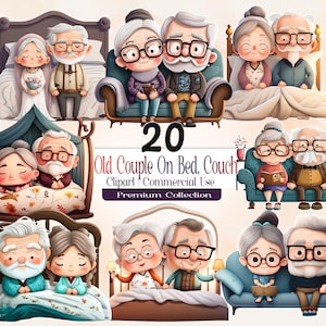 Linda pareja de ancianos en la cama, clipart PNG, abuelo y abuela, pareja en la cama, pareja de ancianos en el sofá, clipart PNG de pareja de ancianos, diario basura, AC34