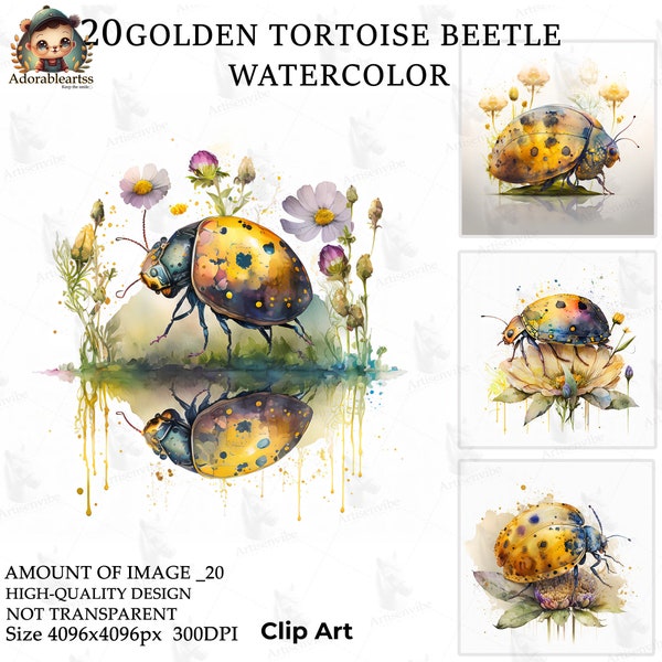 Golden Tortoise Beetle Watercolor Clipart, Paper Craft, 20 High Quality Commercial Use, Card Making, Digital JPG's Download_97AV