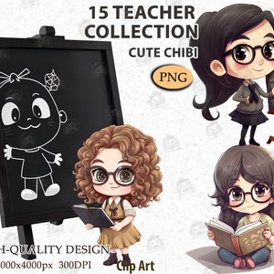 Cute Teacher Chibi Clipart Bundle Teaching Girl and Boy Chibi  Personal and Commercial Use Collection, Download Digital Png File_AC58