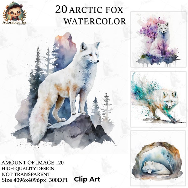 Arctic Fox Watercolor Clipart, Nursery Art, Paper Craft, 20 High Quality, Commercial Use, Card Make Instant Digital JPG's Download_47AV