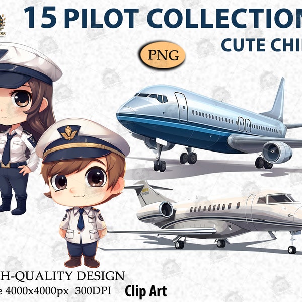 Pilot Chibi Clipart, Airplane Collection, Cute Girl Pilot, Travel clipart, Best frined, Brother Pilot Clipart, Gift Idea PNG File_AC50