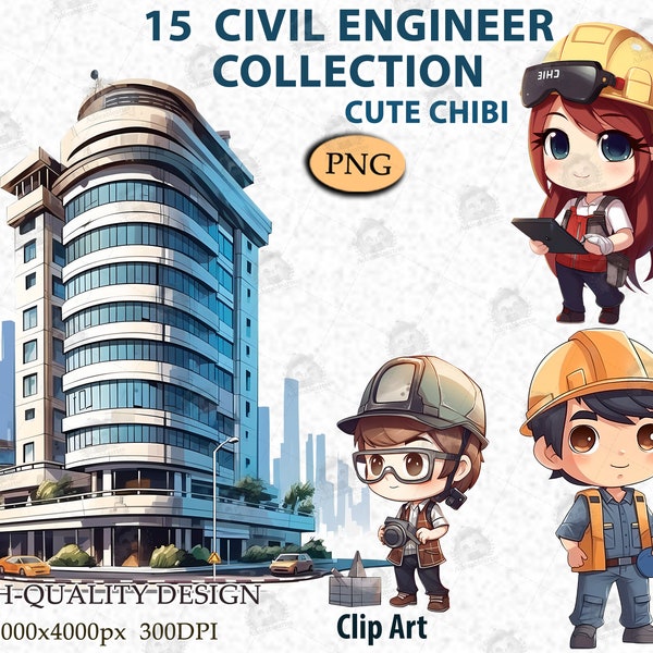 Cute Civil Engineer Chibi Clipart PNG for Crafting and Design Project, Building PNG,  Commercial Use, Bundle, Download Digital Png File_AC59