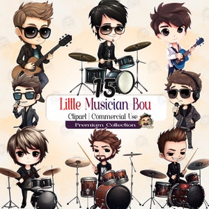 Musician Boy Watercolor Clipart, Music Clipart Bundle, Guitar Boy Illustration, Drum Boy Clip art, Singer Boy Clipart, Instrument PNG, AC68