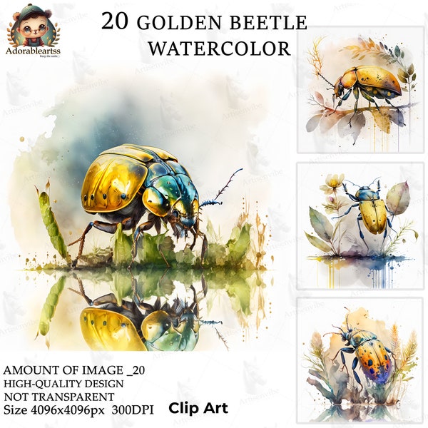 Golden Beetle Watercolor Clipart, Nursery Book Art, Paper Craft, 20 High Quality, Commercial Use, Card Making, Digital JPG's Download_100AV