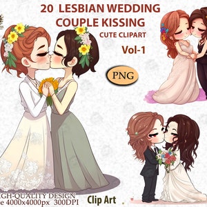 Süße lesbische Hochzeit küssend, lesbische Paar beschenkend, Lgbtq Hochzeit, Clipart, glückliches verheiratetes Geschenk, Gay-Pride-Kunst, digitale PNG-Datei_AC80