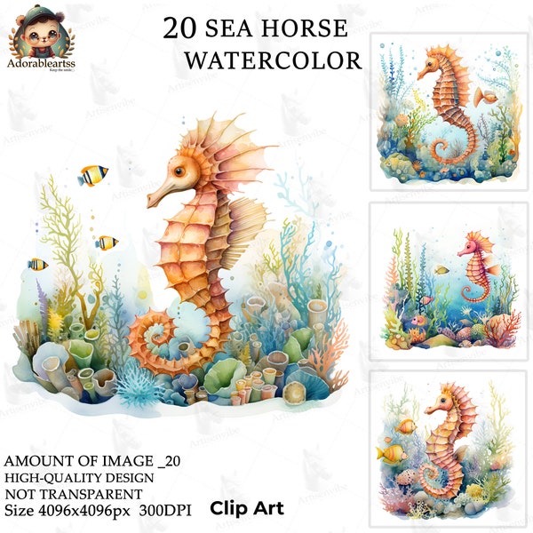 Seahorse Watercolor Clipart, sea horse PNG, Nursery Art, Sea Animal, 20 High Quality, sea, Card Making, Instant Digital JPG's Download_170AV