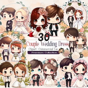 Paquete de imágenes prediseñadas de acuarela de pareja de novios, gráficos PNG de matrimonio en acuarela, ilustraciones de novios para uso comercial, PNG, AC04