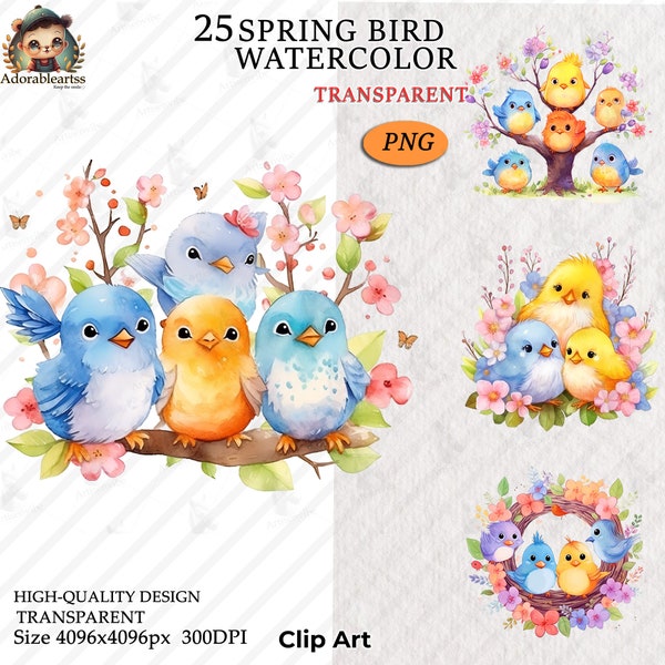 Watercolor Spring Bird PNG Clipart,  Nursery Book, Birds on Tree branch, Bird Clipart, Little Bird, 25 Transparent PNG Clipart _158AV