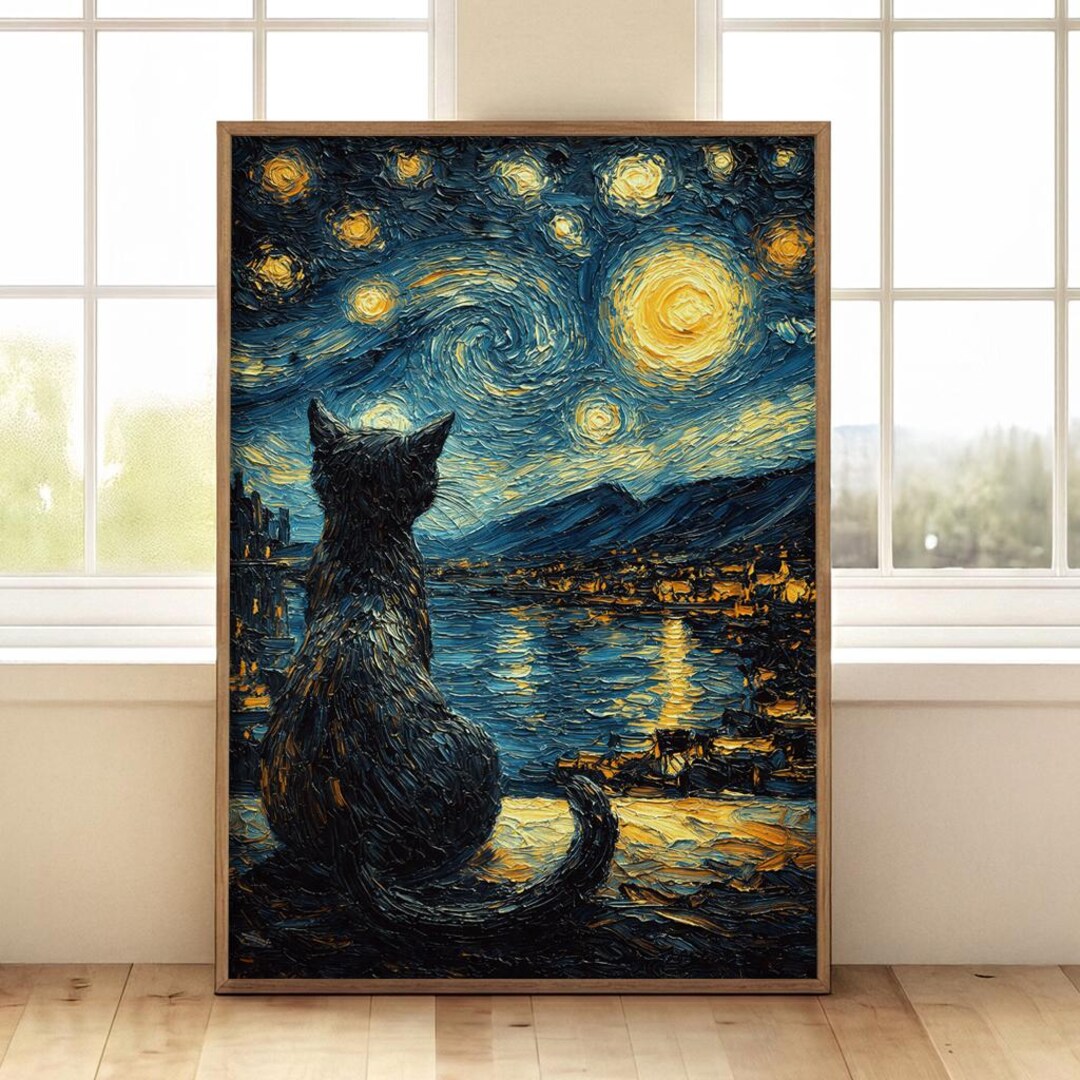 Black Cat Starry Night Print | Van Gogh Inspired | Feline Moonlit ...