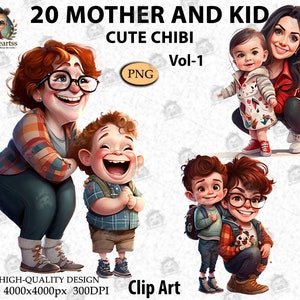 Mother and kids Cute Chibi clipart, Mother And Daughter, Cute Kids Mom And Son, Child and Mom, Love Mom, Gift Ideas _ PNG_Vol-1_AC21