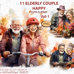 Feliz pareja de ancianos, hermosa acuarela, paseos en bicicleta en el día de San Valentín, abuelo y abuela románticos, PNG digital vol. 1, AC106
