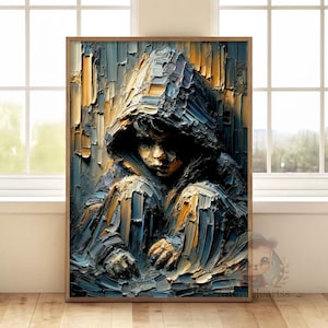 Introspective Hooded Portrait | Palette Knife Expressionism | Moody Solitude Theme | Modern Interior Decor | Contemporary Poster