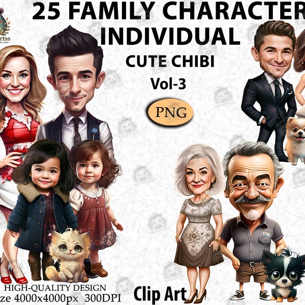 Cute Family Chibi, Clipart Daughter, Son and Baby kid Mother Dad, Custom Family Portrait, personalized, Dog Best Friends, PNG _Vol 3 ,AC24-3