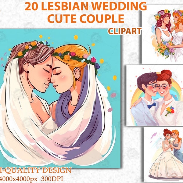 Lesbian Wedding Couple Clipart, Lgbtq Wedding Bride & Bride for Princess, Happy Married Gift, Gay Pride Art, Printable JPG File_AC77